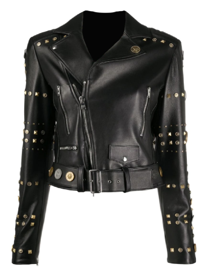 Women Black Cropped Belted Silver Studded Leather Jacket | TLC