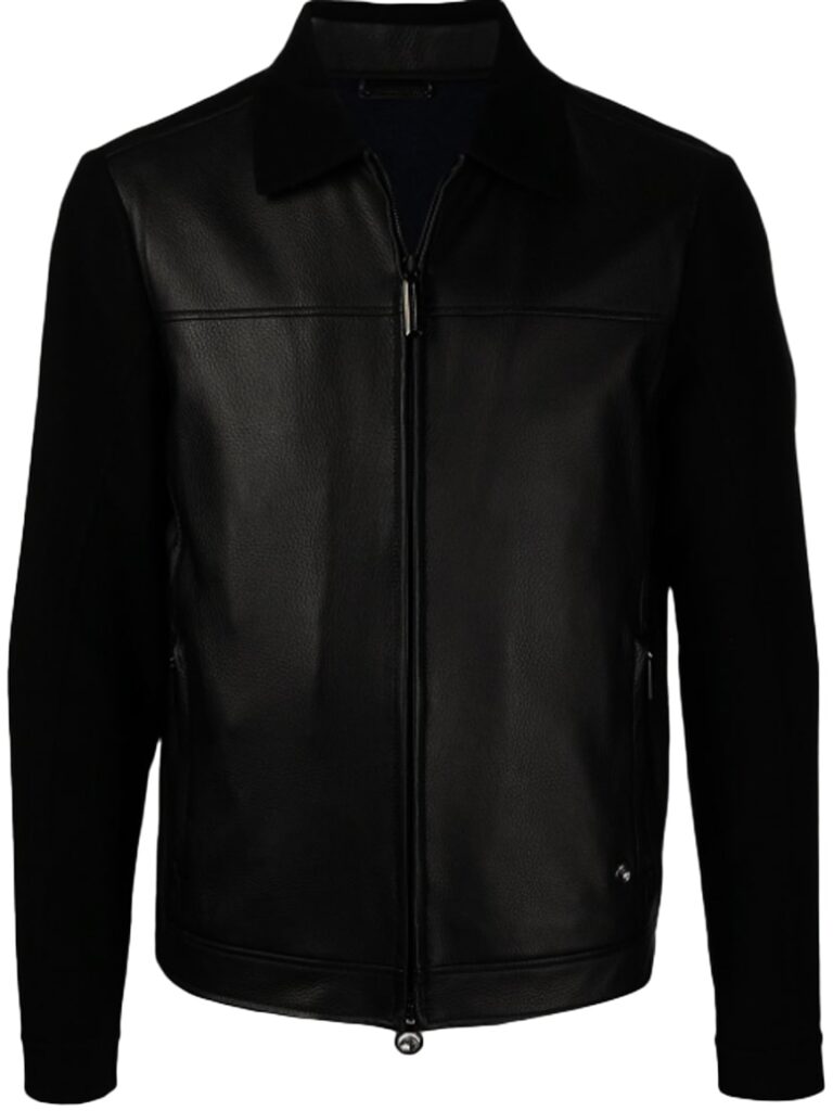 Paneled Zip-Up Black Leather Jacket | Stefano Ricci